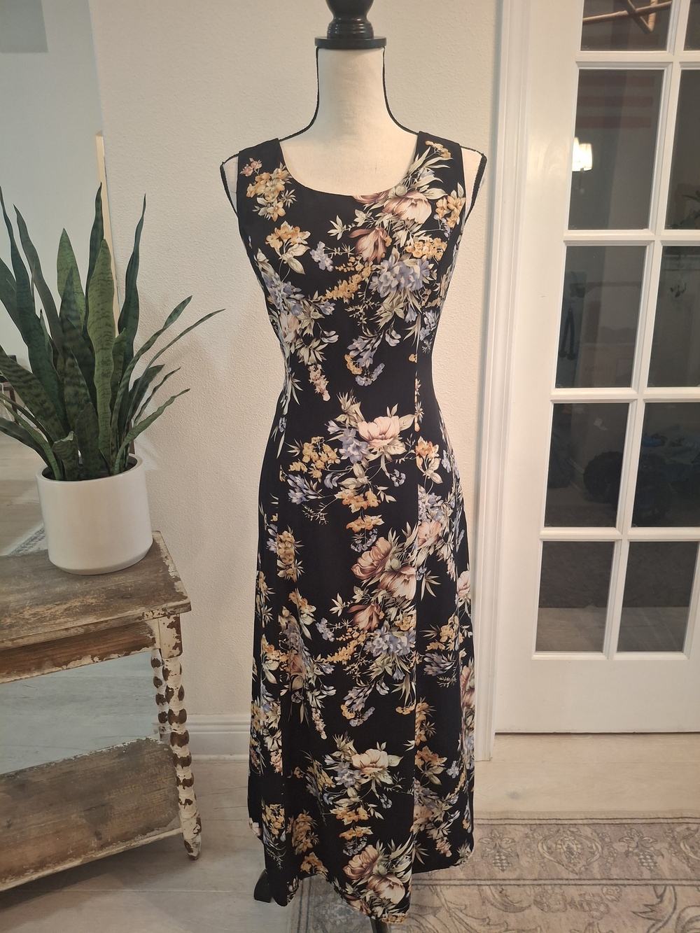 Vintage Danny & Nicole Black Floral Scoop-Neck Maxi with Pastel Blooms